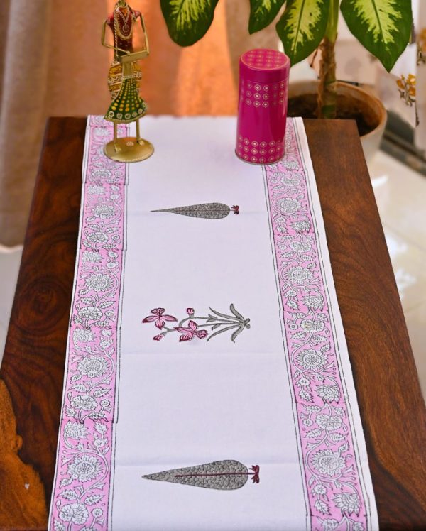 Charming Pink Handblock Print Table Runner | 14 x 70 inches Hot on Sale