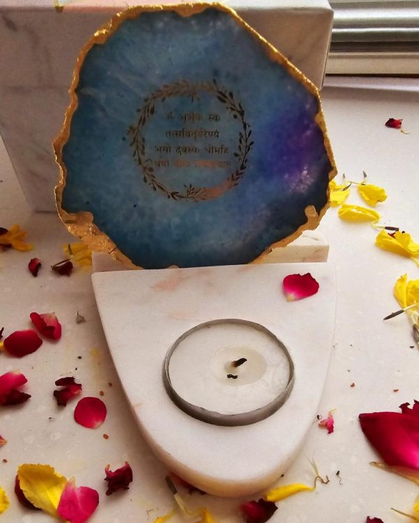 Turquoise Gayatri Mantra Agate with Marble Base Tea Light  | 4 x 4.5 x 4 inches on Sale