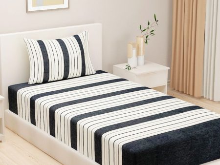 Black Magical Linea Striped Cotton Single Bedsheet With Pillow Cover | 90 x 60 inches Online Hot Sale