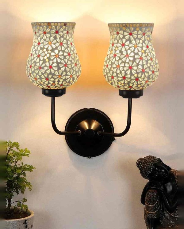 Decorative Unique Mosaic Glass Wall Mounted Dual Lamp With Iron Base | Set of 2 | 5 x 11 x 14 inches Online Sale