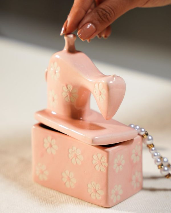 Ira Sewing Machine Ceramic Trinket Box | 4 x 2 x 5 inches For Sale