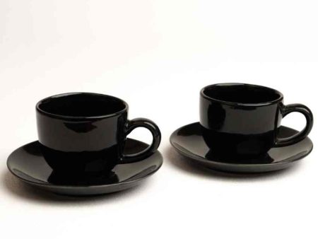 Sleek Black Ceramic Stoneware Tea Cup and Saucer | Set of 2 | 200 ML Hot on Sale