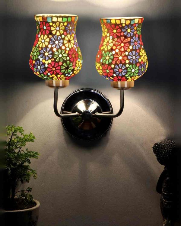 Decorative Mosaic Glass Wall Mounted Dual Lamp With Steel Base | Set of 2 | 5 x 11 x 14 inches Fashion