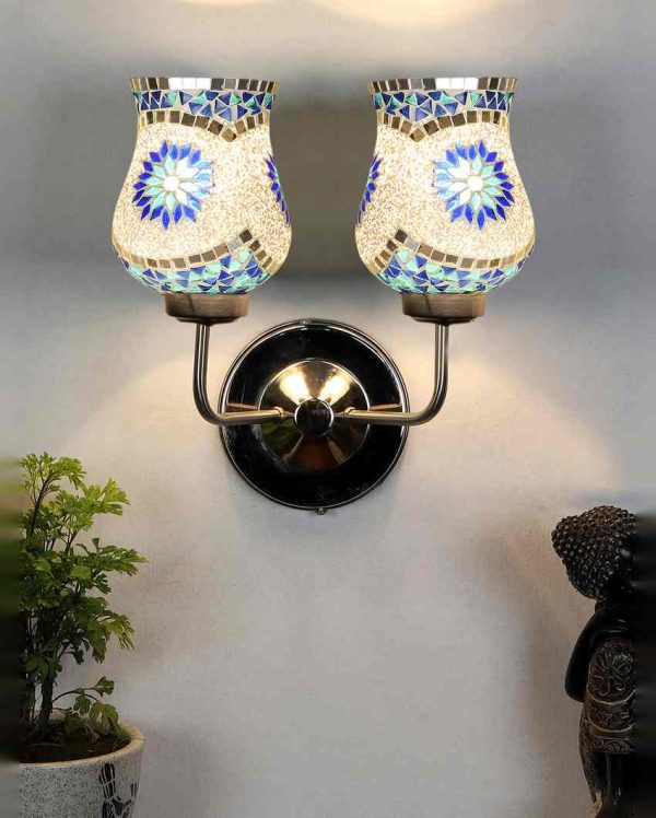 Charming Mosaic Glass Wall Mounted Dual Lamp With Steel Base | Set of 2 | 5 x 11 x 14 inches Online now