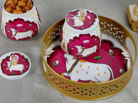 Lovely Pink and White Cow Tray With Jars | Pack of 3 Supply