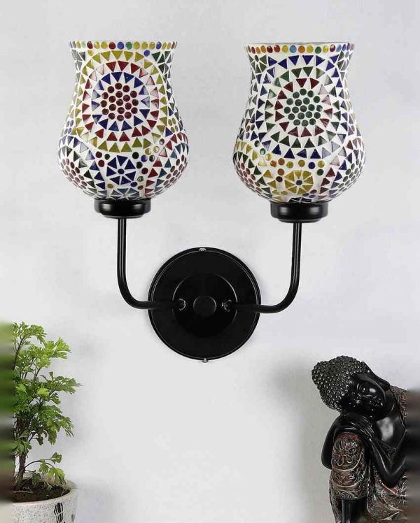 Decorative Artistic Mosaic Glass Wall Mounted Dual Lamp With Iron Base | Set of 2 | 5 x 11 x 14 inches Online now