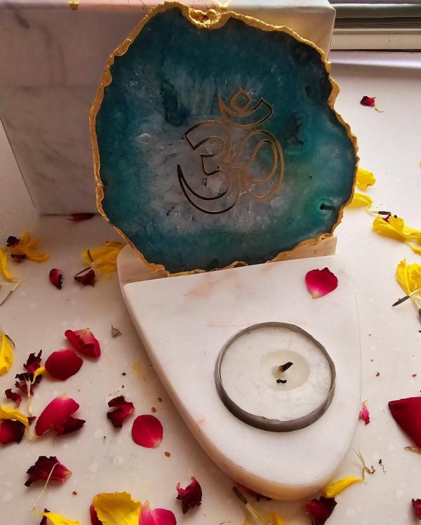 Green OM Agate with Marble Base Tea Light  | 4 x 4.5 x 4 inches Discount