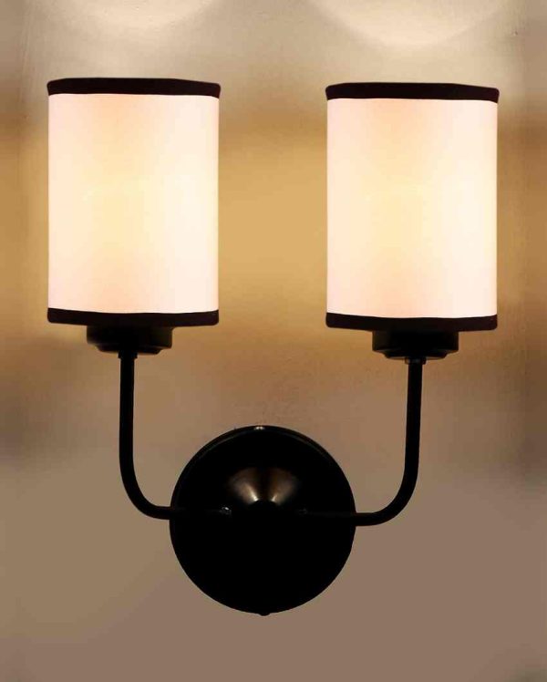 Classic White & Black Cotton Wall Mounted Dual Lamp Iron Base | Set of 2 | 4 x 12 x 14 inches Supply