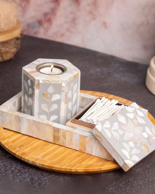 Sophisticated Mother of Pearl Tealight Holder with Tray and Box | Set of 3 | 4 x 5 x 4 inches on Sale