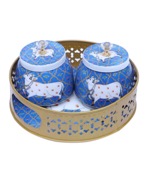 Charming Blue and White Cow Tray With Jars | Pack of 3 Cheap