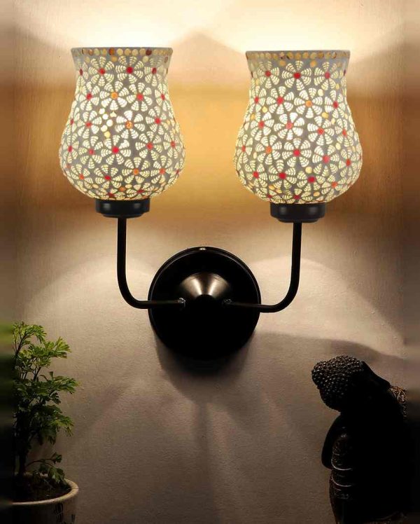 Decorative Unique Mosaic Glass Wall Mounted Dual Lamp With Iron Base | Set of 2 | 5 x 11 x 14 inches Online Sale