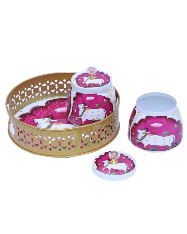 Lovely Pink and White Cow Tray With Jars | Pack of 3 Supply