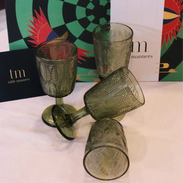 Green Embossed Wine & Champagne Glasses Set Cheap