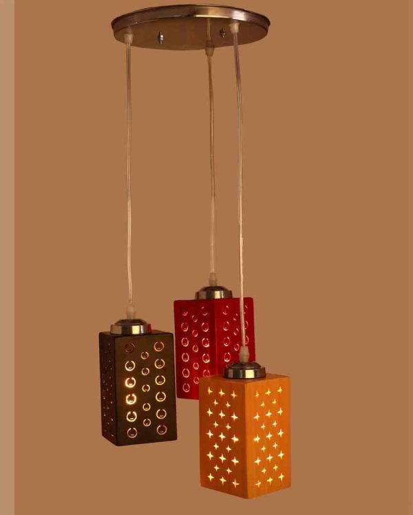 Elegant Metal Fitting Three Light Wooden Shade Pendant Ceiling Lamp | 10 x 10 x 26 inches Online Sale