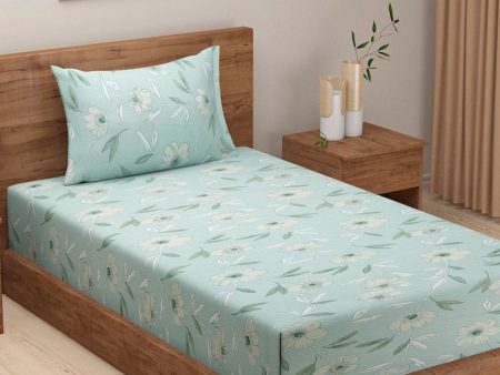 Blue and Green Floral Pastel Vogue Cotton Single Bedsheet With Pillow Cover | 90 x 60 inches For Cheap