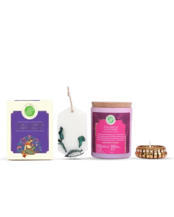 Serene Lavender Candle with Wax Tablets Essential Oil & Diya Gift Hamper Hot on Sale