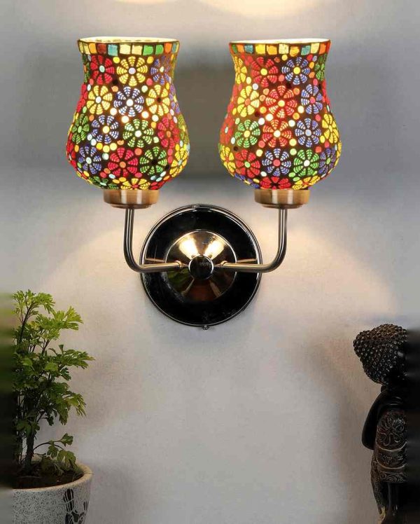 Decorative Mosaic Glass Wall Mounted Dual Lamp With Steel Base | Set of 2 | 5 x 11 x 14 inches Fashion