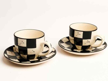 Stylish Black Check Ceramic Stoneware Tea Cup and Saucer | Set of 2 | 200 ML For Discount