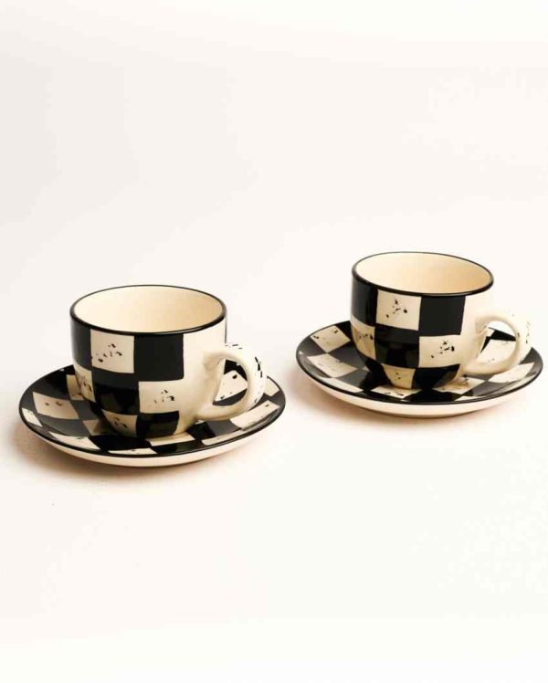 Stylish Black Check Ceramic Stoneware Tea Cup and Saucer | Set of 2 | 200 ML For Discount