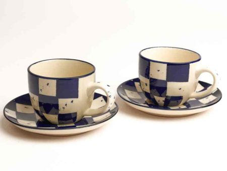 Vibrant Blue Check Ceramic Stoneware Tea Cup and Saucer | Set of 2 | 200 ML Fashion