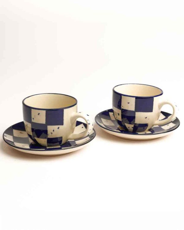 Vibrant Blue Check Ceramic Stoneware Tea Cup and Saucer | Set of 2 | 200 ML Fashion