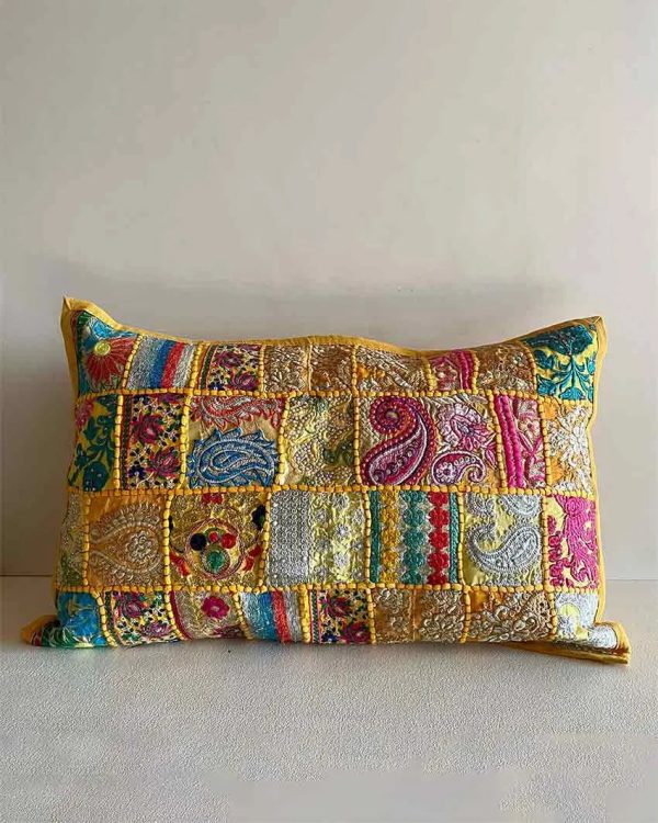 Yellow Patchwork Cotton Pillow Cover | Set Of 2 | 24 x 16 inches on Sale