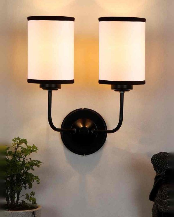 Classic White & Black Cotton Wall Mounted Dual Lamp Iron Base | Set of 2 | 4 x 12 x 14 inches Supply