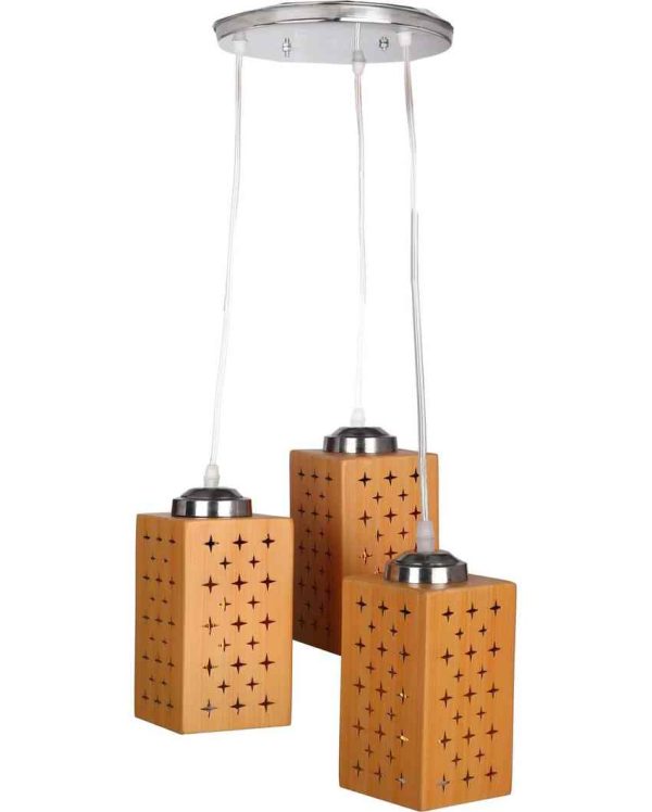 Chic Metal Fitting Three Light Wooden Shade Pendant Ceiling Lamp | 10 x 10 x 26 inches Fashion