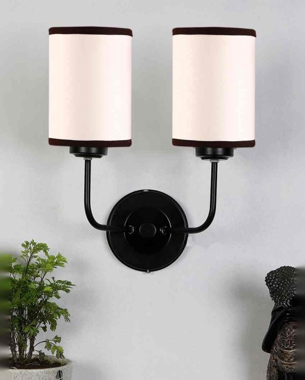 Classic White & Black Cotton Wall Mounted Dual Lamp Iron Base | Set of 2 | 4 x 12 x 14 inches Supply