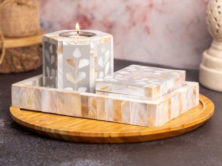 Sophisticated Mother of Pearl Tealight Holder with Tray and Box | Set of 3 | 4 x 5 x 4 inches on Sale