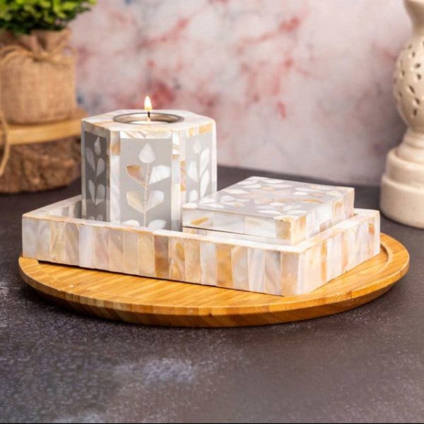 Sophisticated Mother of Pearl Tealight Holder with Tray and Box | Set of 3 | 4 x 5 x 4 inches on Sale