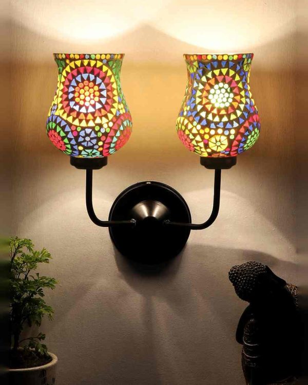 Decorative Artistic Mosaic Glass Wall Mounted Dual Lamp With Iron Base | Set of 2 | 5 x 11 x 14 inches Online now