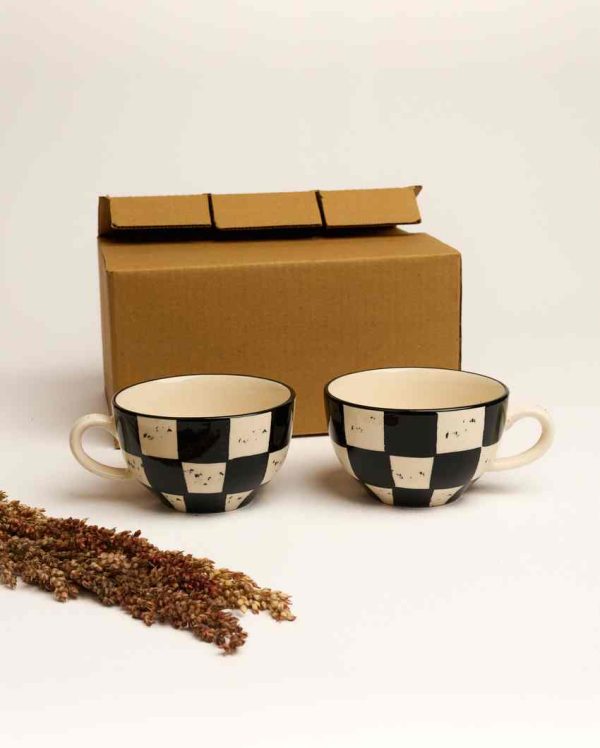 Chic Black Check Ceramic Stoneware Coffee Mug | Set of 2 | 380 ML Sale