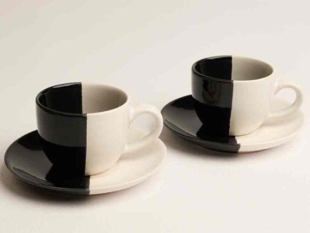 Minimalist Fifty Fifty White Ceramic Stoneware Tea Cup and Saucer | Set of 2 | 200 ML Hot on Sale