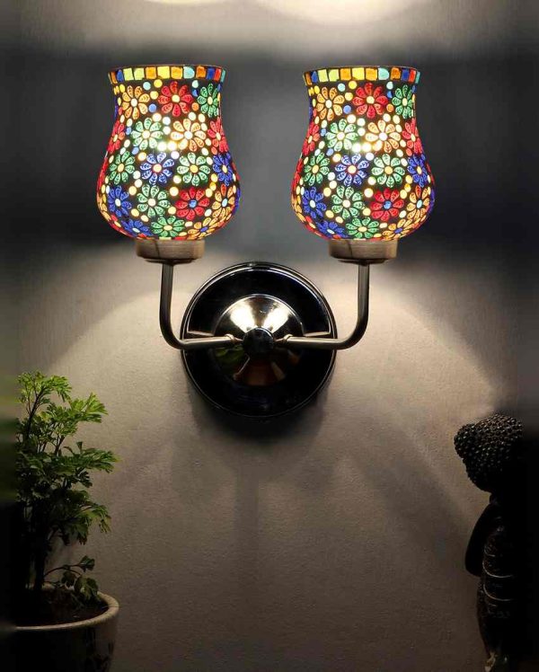 Colorful Artistic Mosaic Glass Wall Mounted Dual Lamp With Steel Base | Set of 2 | 5 x 11 x 14 inches Online