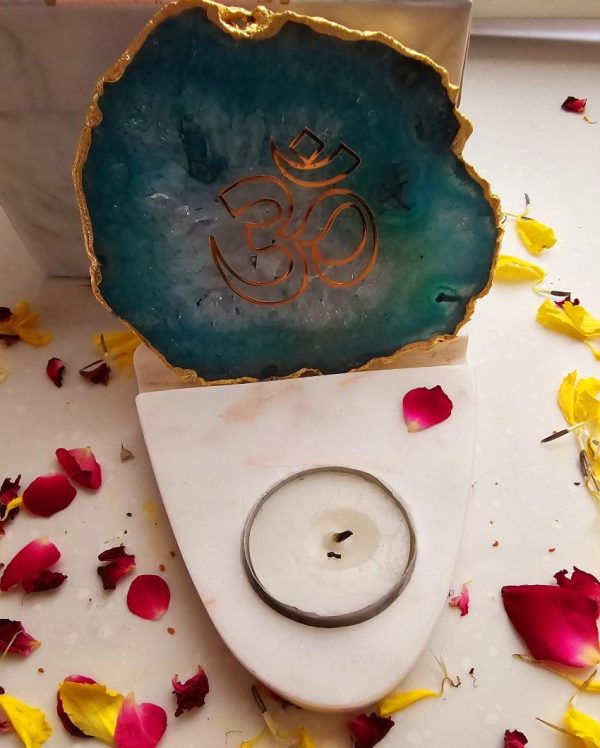 Green OM Agate with Marble Base Tea Light  | 4 x 4.5 x 4 inches Discount