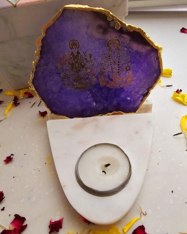 Purple Laxmi Ganesha Agate with Marble Base Tea Light | 4 x 4.5 x 4 inches Supply