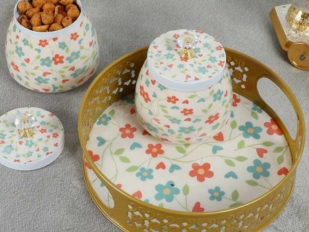 Floral Pink and Green Flowers Tray With Jars | Pack of 3 Online now