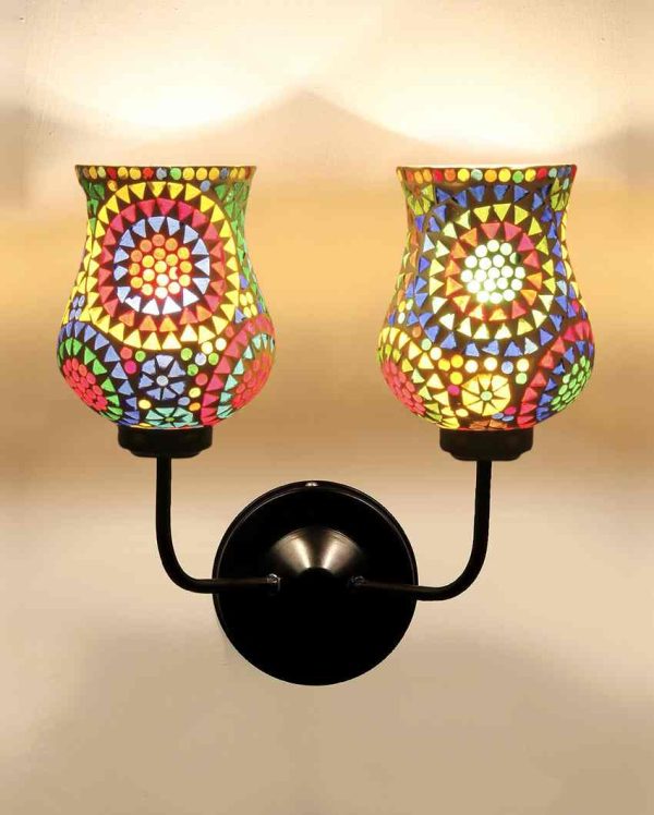 Decorative Artistic Mosaic Glass Wall Mounted Dual Lamp With Iron Base | Set of 2 | 5 x 11 x 14 inches Online now