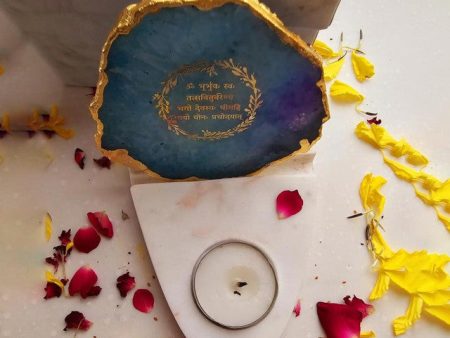 Turquoise Gayatri Mantra Agate with Marble Base Tea Light  | 4 x 4.5 x 4 inches on Sale